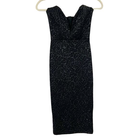 Windsor S Black Floral Textured Strapless Plunge Vneck Midi Cocktail Dress - Picture 2 of 9